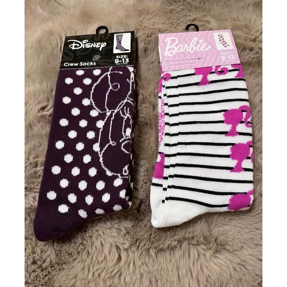 New 2-Pair Disney Minnie Mouse & Barbie Crew Socks Size 9-13 Cute Novelty Gift